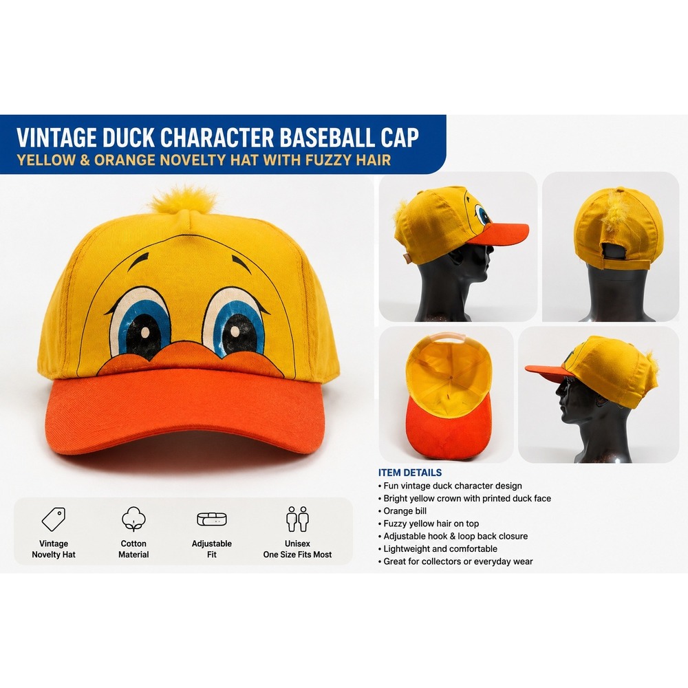 Vintage Duck Character Baseball Cap Yellow Orange Novelty Hat with Fuzzy Hair